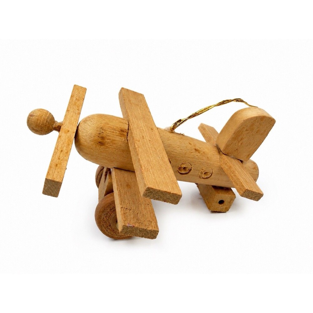 Vintage Wooden Airplane Christmas Ornament Folk Art Propeller Plane Handmade 3”